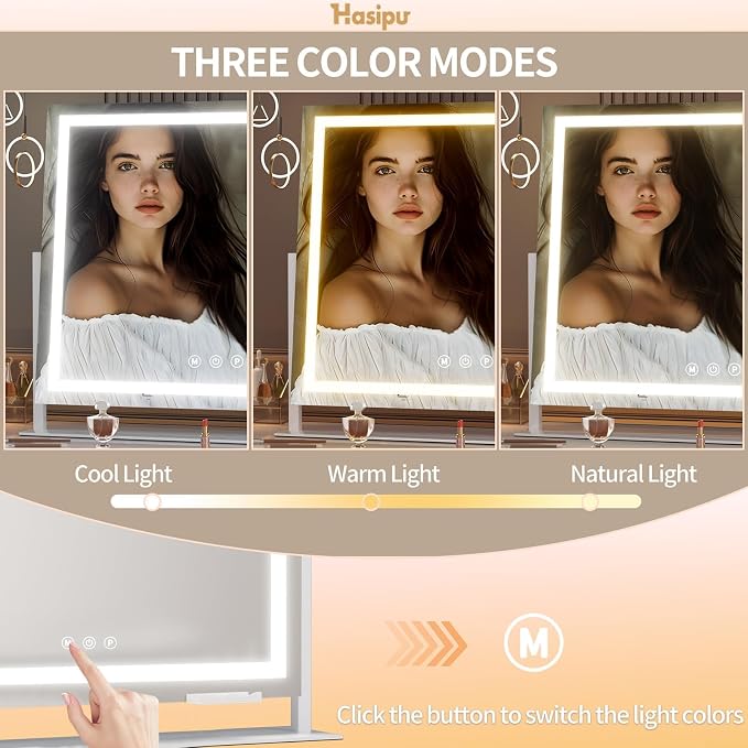 Hasipu Vanity Mirror with Lights, 28" x 20" LED Makeup Mirror, Light up Mirror with 10X Magnification and Phone Holder, USB Charging Port, Smart Touch 3 Colors Dimmable, 360° Rotation (Gold)