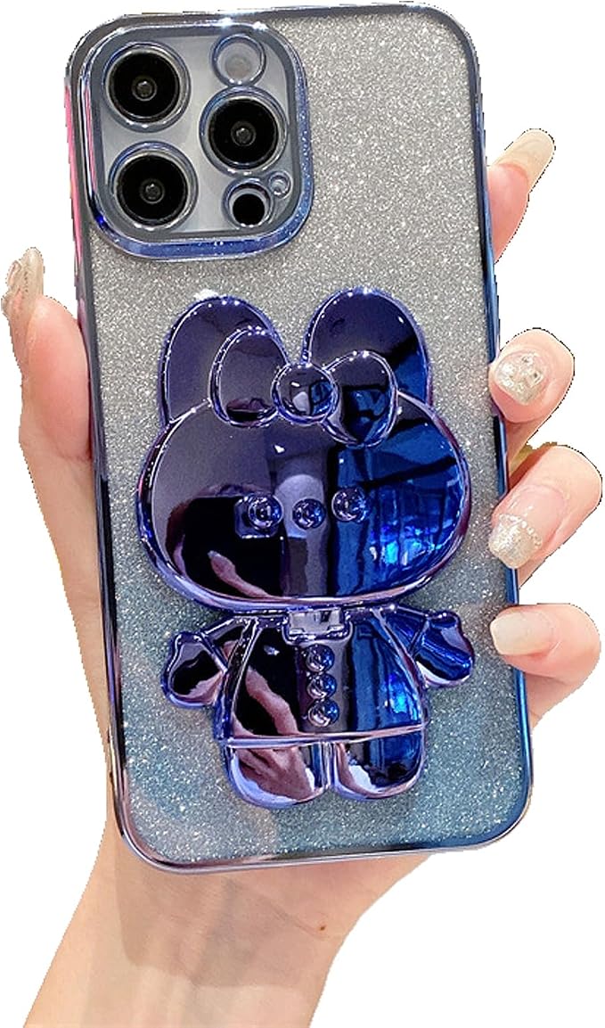 Kawaii Phone Case for iPhone Xs with Cartoon Foldable Makeup Mirror Silicone Protective Case Cover for Women & Girl Blue