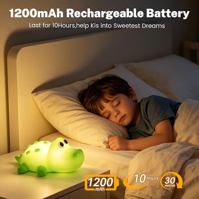 AVEKI Night Light for Kids, Baby Crocodile Night Light with Dimmable Warm Light & RGB Mode, Soft Silicone Touch Lamp with 30M Timer, Rechargeable Alligator Light for Nursery Kids Room