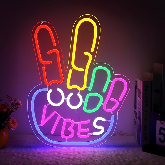 Good Vibes Neon Sign, LED Neon Light for Wall Decor, USB Powered Dimmable Sign with ON/OFF Switch, Colorful Room Decoration Light for Bedroom, Game Room, Bar, Party and Home Decor