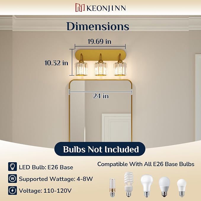Keonjinn 3-Light Gold Bathroom Light Fixtures Over Mirror, Crystal | Vanity Lighting Fixture with Square Shades, Dimmable, Vintage Style, Compatible with E26 Base LED Bulbs (Blub Not Included)