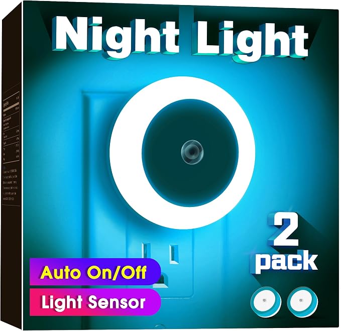 Night Lights Plug into Wall Azure Blue Night Light [2Pack] | Nightlight with Light Sensors, LED Night Light for Kids Room, Baby, Bathroom, Stair Lights, Hallway Light