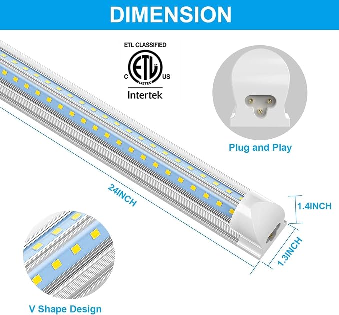 (6-Pack) CNSUNWAY LED Shop Lights 2FT, 22W 3300 LM 6500K, V-Shaped Linkable | High-Efficiency Under Cabinet Lighting, T8 Shop Light for Workbench, Kitchen, Workshop, Basement, Plug and Play ETL Listed