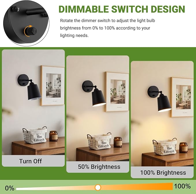 Dimmable Wall Sconces Set of Two, Bedside Wall Mount Lamp with Rotary Switch, Black Bathroom Vanity Lights with Metal Shade, Hardwired Swing Arm Wall Lights for Bedroom Living Room Hallway