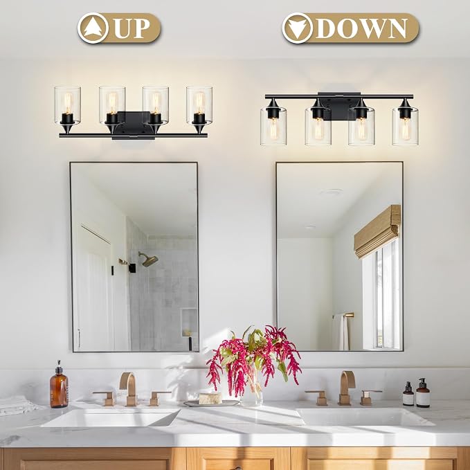 4-Light Bathroom Light Fixtures,Black Bathroom Vanity Light,Bathroom Lights Over Mirror with Clear Glass Shade,Modern Sconce Wall Lighting for Mirror Bedroom Vanity Hallway