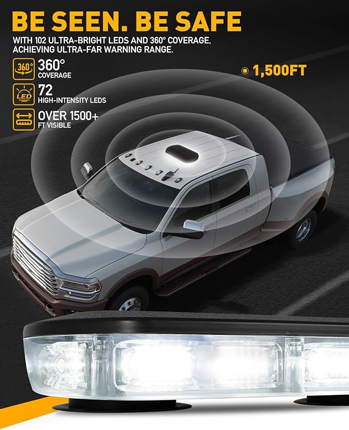 HLauto 700A Rooftop Emergency Strobe Lights Bar, 72 LED White Mini Beacon Safety Flashing Warning Traffic Lights Bar w/Magnetic Base for 12-24V Trucks, Construction Vehicles, Snowplow, Cars