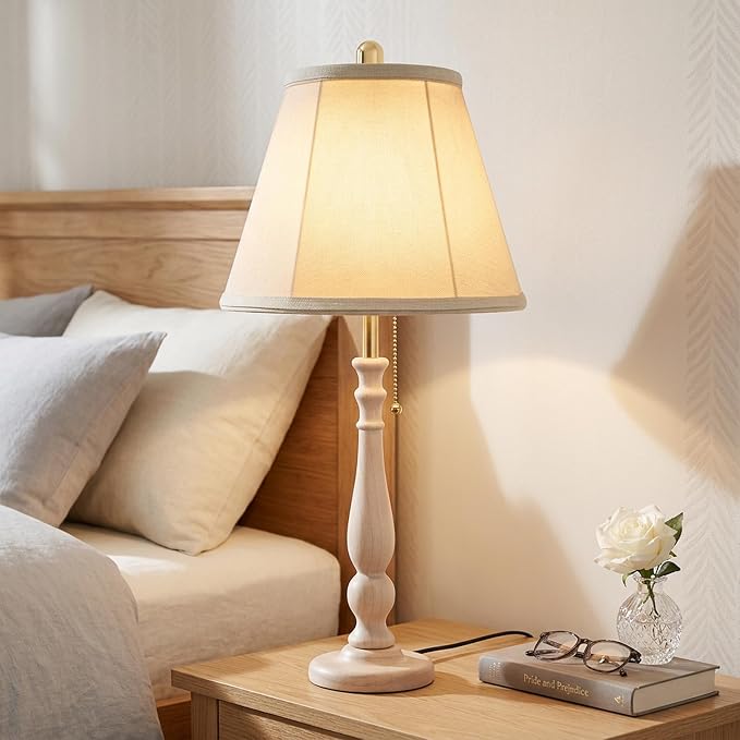 LALISU Farmhouse Table Lamps Rustic Bedroom Lamps for Living Room, 24.41" Boho Bedside Lamp with Chain Switch for Night Stands End Table Office Desk Lamp Nightstand with Linen Shades (Washed White)