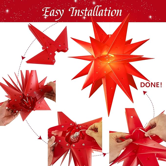 SUNBEAUTY 21 Inches Red Large Moravian Star Outdoor Light Warm White LED Hanging Star Lights 3D Christmas Tree Topper Star for Holiday Wedding Birthday Party Porch Light Decor