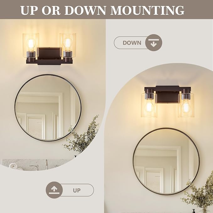 2-Light Bathroom Light Fixtures with Clear Glass, Oil Rubbed Bronze | Vanity Lights, Modern Wall Sconces, Over Mirror for Bathroom, Powder Room, Living Room
