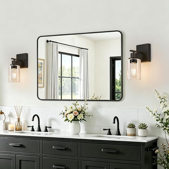 Indoi 1-Light Bathroom Light Fixtures, Matte Black Modern Vanity Lights with Clear Glass Shades, Bathroom Wall Lamp for Mirror Living Room Cabinet Bedroom Porch