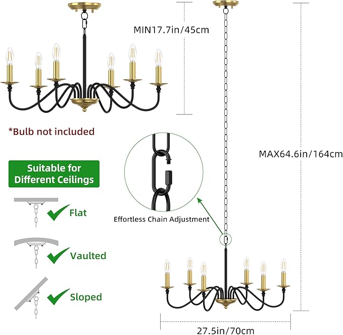 Rustic Farmhouse Candle Chandelier for Dining Room, 6-Light Rustic Black Iron Light Fixture with Classic S-Arm Design for Kitchen Island, Living Room, Foyer-Black and Gold