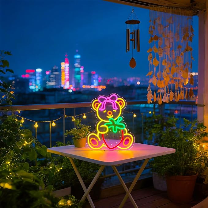 Strawberry Bear Neon Sign Girl Room Decor Led Neon Lights Signs for Wall Decor USB Powered Led for Room Decoration