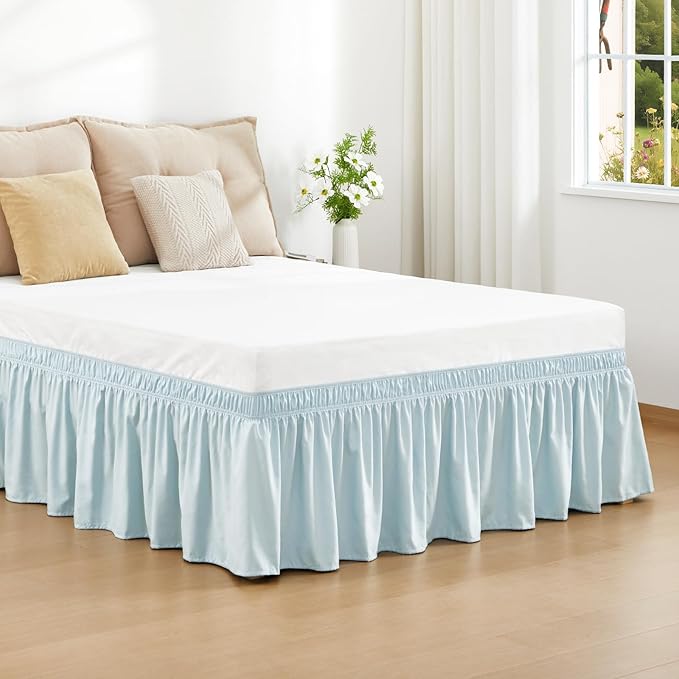 RIMELA Blue Bed Skirt King Size 18 Inch Drop, Wrap Around Elastic Bedskirt, Dust Ruffle for Adjustable Bed Base Machine Washable Easy to Install Bed Skirts