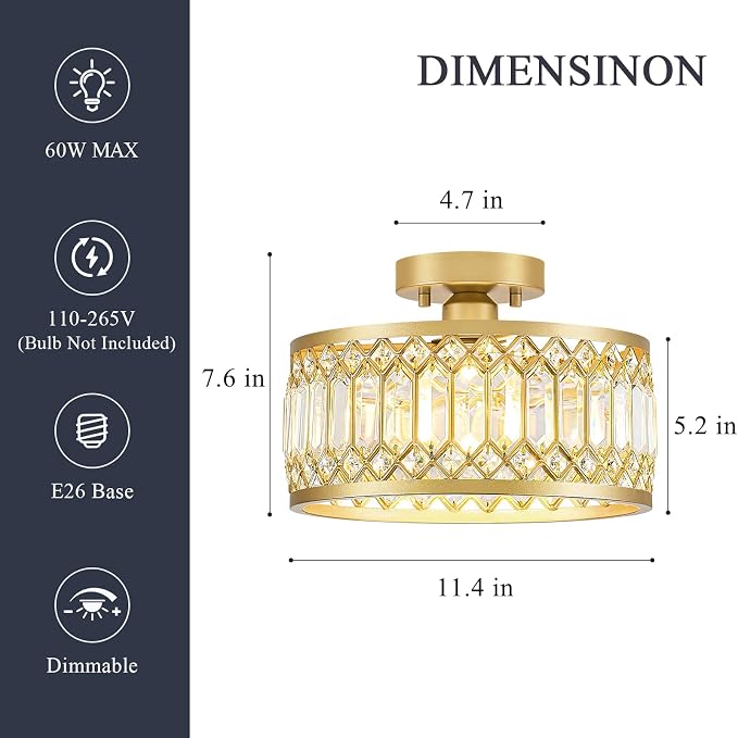 Pevfah Crystal Gold Ceiling Light, 1-Light Semi Flush Light Fixture, 11 in | Flush Mount Hallway Chandelier, Small Light Fixture Ceiling Mount, Modern Ceiling Lamp for Entryway Closet, Bulb Not Included