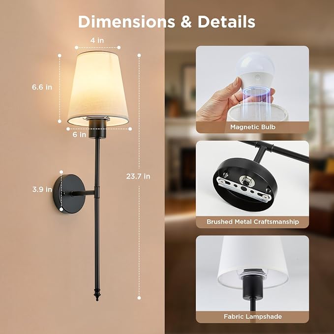 Brightown Battery Operated Wall Sconces Set of 2,Black Sconces Wall Decor | RGBWW Rechargeable Wall Lights with Dimmable Magnetic Bulbs & Remote, Wireless Wall Lamp for Living Room Bedroom Hallway