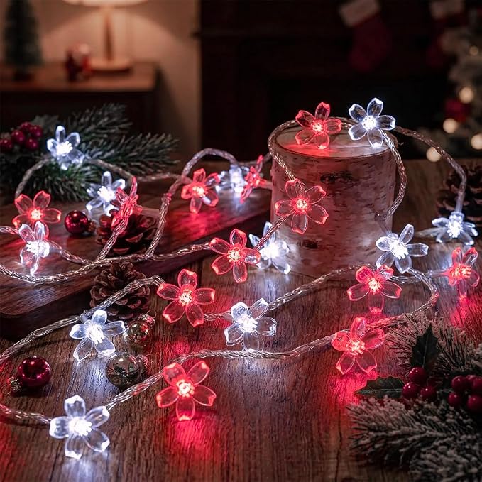 Flower Battery Operated Indoor String Lights 30L Cherry Blossom Fairy Light | Waterproof Outdoor Party Birthday Wedding Christmas Home Red White