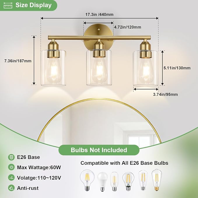 3-Light Bathroom Gold Vanity Light Fixtures,17.3'' | Clear Glass Shade,Modern Wall Lamp for Mirror