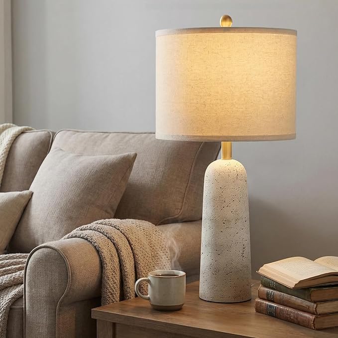BOBOMOMO 27.25" Modern Table Lamp Set of 2, White Resin Table Lamps with Stone Look, Lamps for Living Room with Linen Shades, Bedside Lamps for Bedroom, Nightstand, Entryway