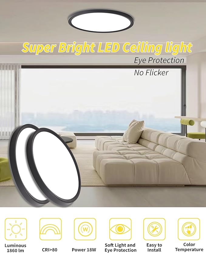 6pack 9 Inch Flush Mount Ceiling Light, 18w Led Ceiling Light, 3000k/4000k/6000k Selectable 1860lm Ceiling Light, Super Slim Led Light Fixture For Bedroom Kitchen Living Dining Room Office