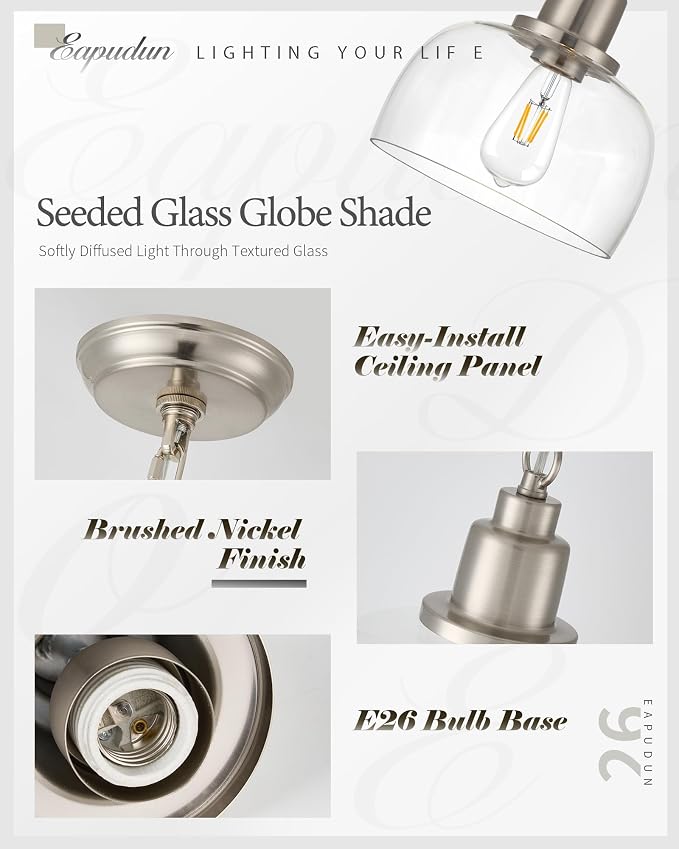 EAPUDUN Modern Farmhouse Pendant Light, 1-Light Industrial Hanging Light Fixture 9.3-inch, Brushed Nickel Finish with Clear Glass Shade, PDA1127-BNK