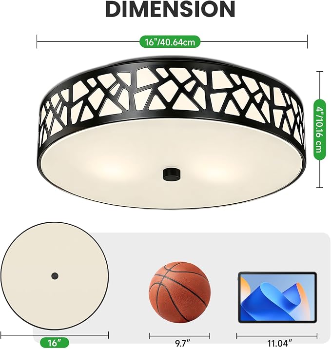 Black Flush Mount Ceiling Light, 3-Light Farmhouse Light Fixture with Frosted Glass Shade for Bedroom, Hallway, Kitchen, 16 Inch