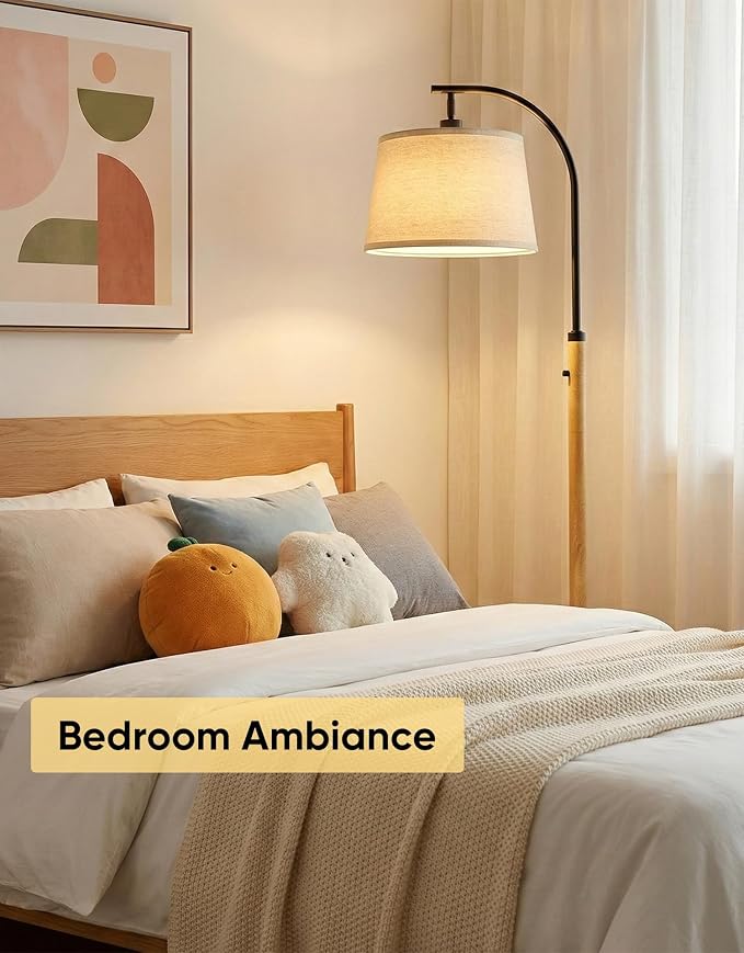 Dimmable Floor Lamp for Living Room, 65" Tall Metal Standing Lamp with LED Bulb, Mid Century Modern Arc Floor Lamp with Linen Shade for Bedroom, Reading Room, Office & Nursery, Black&Natural Color