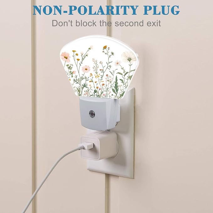 Wildflowers Plug in Night Lights, Watercolor Colorful Wildflowers Nightlight Plug Into Wall Dusk to Dawn Sensor for Kid Girls Boys Women Men Room, Hallway, Kitchen, Bathroom, Stairs Decor