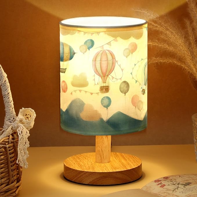 Hot Air Balloon Kids Table Lamp for Bedroom Kids Bedside Lamp with Linen Wooden Nightstand Cartoon Nursery Lampshade for Girls Boys Living Room