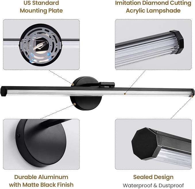 KAISITE Bathroom Vanity Light Over Mirror - 30 Inch Black Vanity Light Fixture 24W 4000K Dimmable Modern LED Vanity Lighting Fixture Rotatable Bath Vanity Light Bar for Bathroom