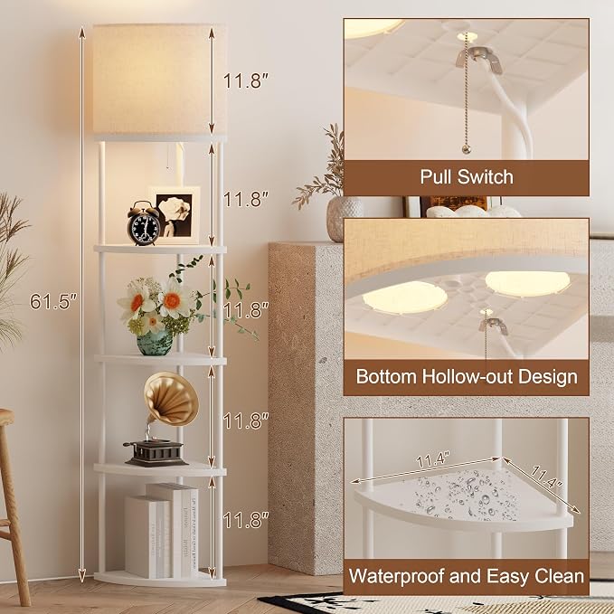 Qupui Floor Lamp with Shelves, 61.5" 5-Tier, 3-Color LED, White | Fabric Shade With Soft Cozy Light. 3 Color Temperatures 12W LED. 5 Tiers, 22 Lbs Each. Durable Composite Panels, Metal Frame
