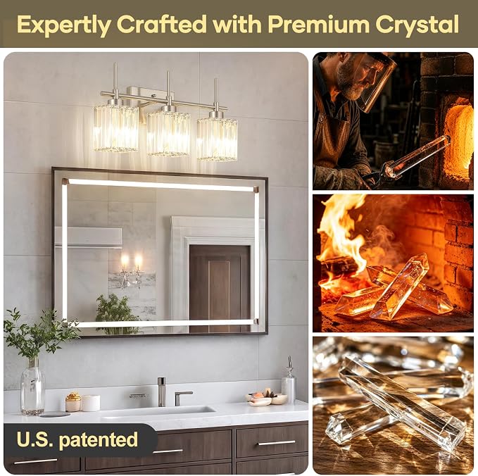 Torondo Modern Crystal Bathroom Vanity Light 3-Light Brushed Nickel Bathroom Light Fixtures Over Mirror Vanity Lighting Fixtures Square Shade Wall Sconce (Bulbs Not Include)