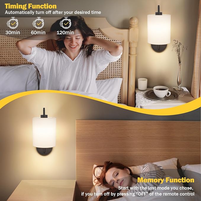 Battery Operated Wall Sconce Set of 2, Black Wall Light Fixture | Rechargeable Wall Mount Light, Dimmbale Bulb & Remote, 12 RGB Colors & Timer, Wireless Wall Lamp White Shade, Bedroom Hallway