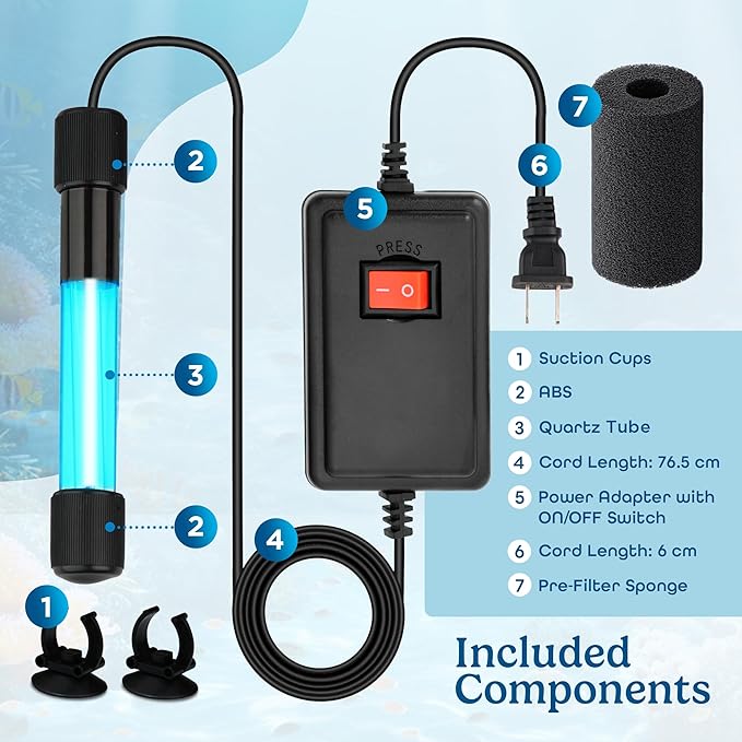 7W UV Sterilizer for Aquarium– UV-C Clean Light with a 9.84 ft Cord for Use in Filters, Sumps and Small Ponds| Clears Green Water, Removes Cloudiness, & Promotes a Healthy Clear Tank for Fish & Plants