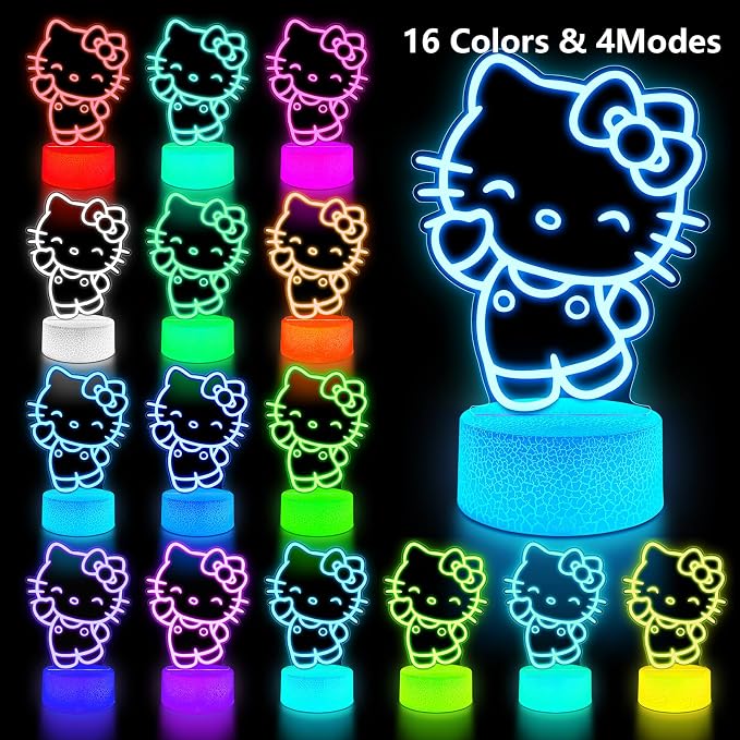 Cute Night Light for Kids - Anime Charater Kitty Cat Decor Lamp with 16 Colors Change, Remote, Dim Control, 3D Illusion LED Night Lights for Kids Gifts Party Birthday Decoration