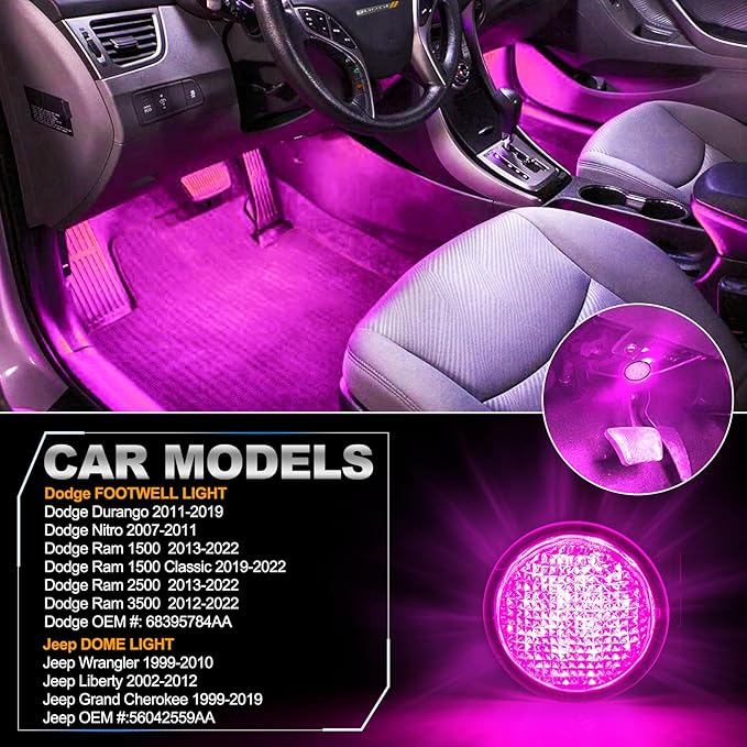 POPMOTORZ Pink Purple LED Interior Courtesy Light Footwell Lights Under Dashboard Courtesy Floor Lamp for Dodge RAM,Durango,Nitro, Jeep Wrangler,Liberty,Grand Cherokee Under Dash Lighting 2 Pcs