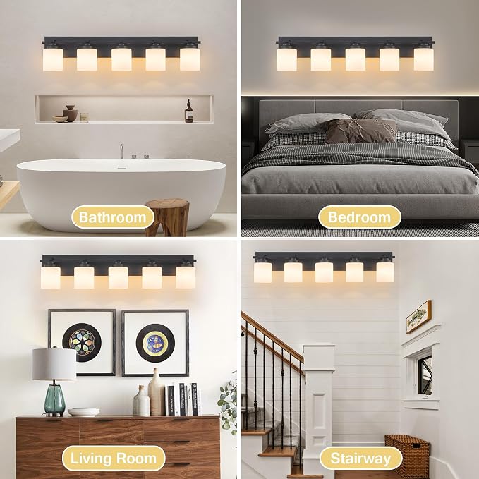 Modern Bathroom Light Fixtures Over Mirror, Vanity Lights for Bathroom Wall Sconces with Milky White Glass Shades, E26 Socket (Bulbs Not Included), 5 Light, Black
