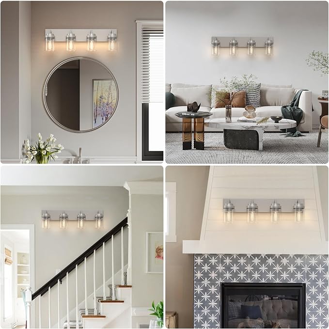 Bathroom Lighting Fixtures, 4-Light Bathroom Vanity Lights Over Mirror, Brushed Nickel Vanity Light with Glass Shade, Modern Vanity Lighting Fixtures for Bathroom, Bedroom, Hallway