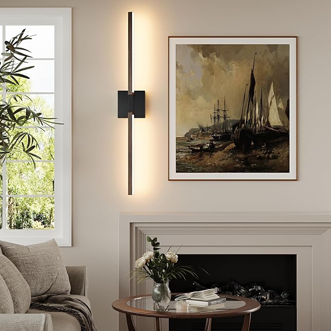 Rayogale Black Walnut Wireless Wall Sconces with Remote Control 36 Inch | 3000/4500/6000K Dimmable 8000mAh Rechargeable Battery Wall Sconces Set of Two with Timer for Living Room, Bedroom, TV