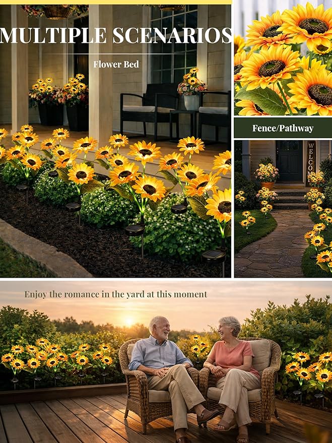 GIGALUMI Solar Sunflower Decor, 2 Pack LED Sunflower Gifts for Women | 3 Lighting Mode, Auto On/Off/Flash, Garden Decor, Waterproof Solar Garden Lightsoutdoor Outdoor Fall Decor for Patio, Yard