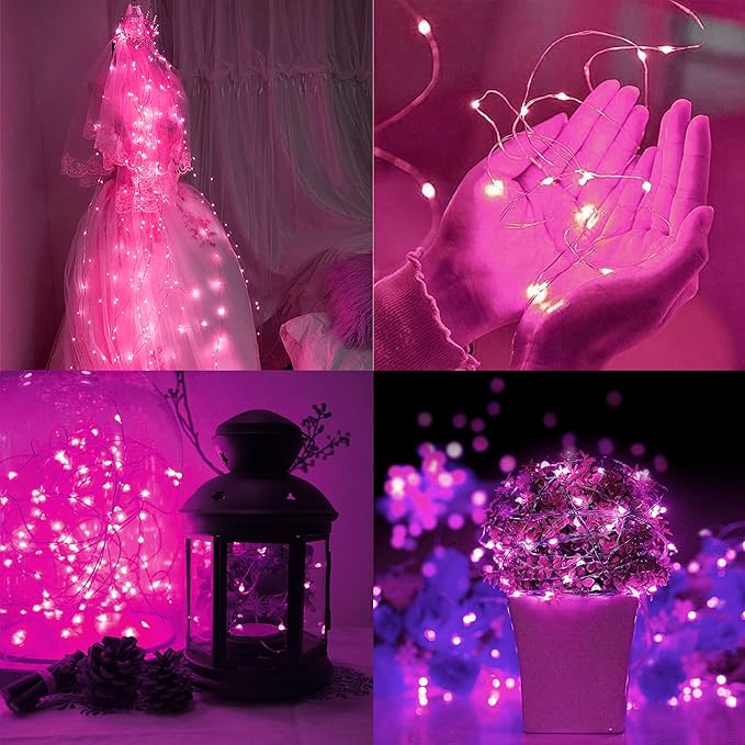 12 Pack Fairy Lights Battery Operated String Lights - 7ft 20 LED Waterproof Silver Wire Firefly Lights for DIY Wedding Décor Table Centerpieces Craft Mason Jars Party Decor(Pink)