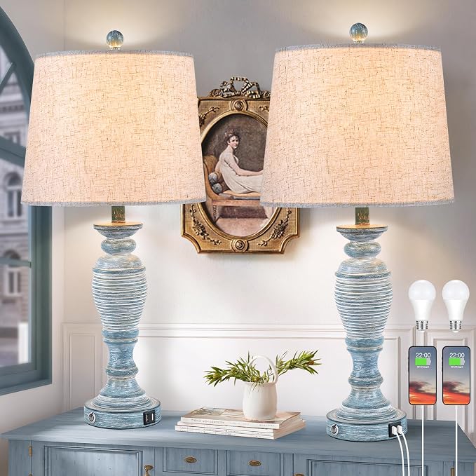 27.7” Farmhouse Table Lamps for Living Room, Blue&White, Set of 2 | Table Lamps for Bedroom, Nightstands, Office, Bedside, 3 Way Dimmable Touch Contorl, USB A+C Ports, Bulbs Included