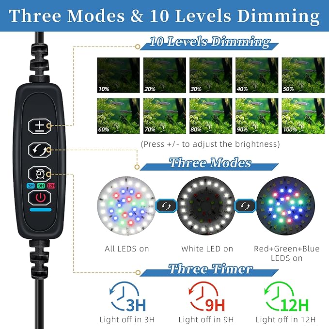 Mini Clip On Aquarium Light 7W Dimmable Small Fish Tank Light USB Moving Lamp with White Red Blue Green LED for 1 to 3 Gallon Tanks (with Timer)