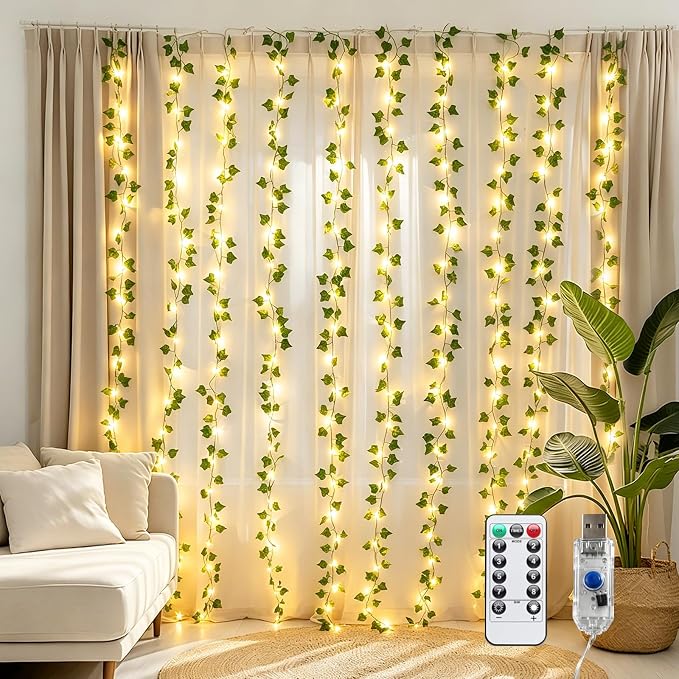9.8Ft x 6.5Ft 200LED Vines Fairy Lights with Remote,Artificial Plant Fake Ivy Curtain String Light For Home Bedroom Living Room wall Wedding Christmas Party Office Coffee Farmhouse Dorm outdoor Decor
