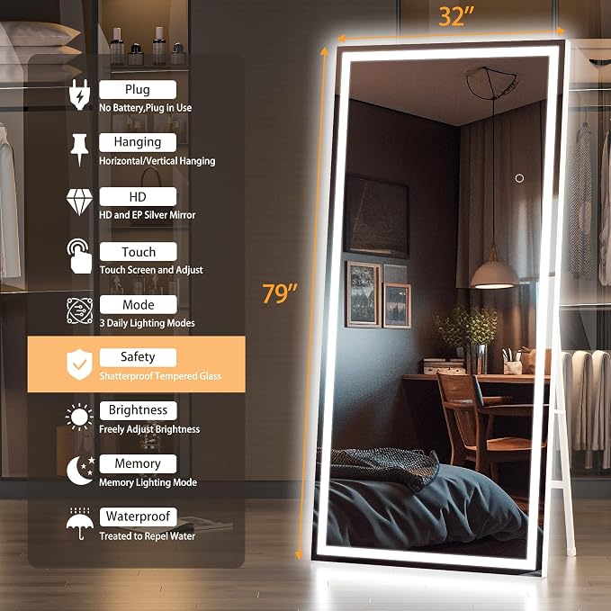 Hasipu Full Length Mirror with Lights, 78.7" x 31.5" LED Lighted Floor Standing, Full Body Dressing Hanging Mounted Mirror, Tempered Glass