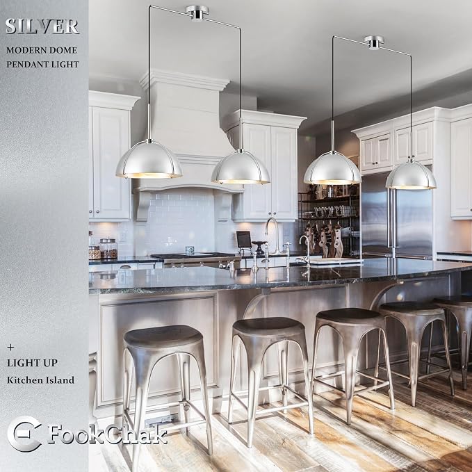 Silver Dome Pendant Light 2 Light Socket Large Pendant Light Fixture with Adjustable Pendant Cord Modern Pendant Lighting for Kitchen Island Dining Room Kitchen Sink