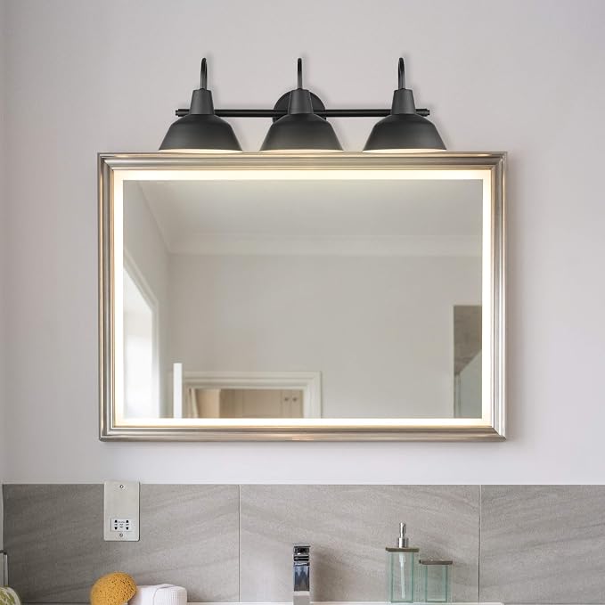 Globe Electric 51710 5-Piece Bathroom Accessory Set with 24-inch 3-Light Vanity Fixture, Matte Black Finish, Industrial Design, E26 Base, Towel Bar, Towel Ring, Robe Hook, Toilet Paper Holder