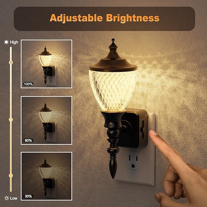 JandCase Night Lights Plug into Wall, 3000K Soft White, Dusk to Dawn Sensor, 0-100LM Dimmable Industrial Night Light, for Bedroom, Bathroom, Living Room, Hallway