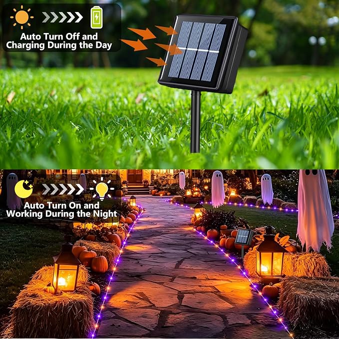 YEGUO Solar Halloween Lights Outdoor Waterproof, 66ft 200 LED Purple and Orange Solar Rope Lights, 8 Modes Fairy Lights in Clear Thin Tube