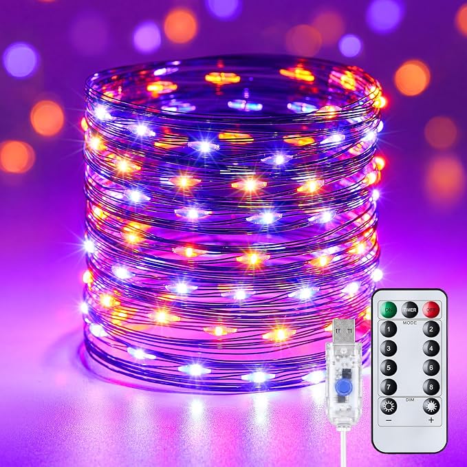 Halloween Fairy Lights Plug in, 33Ft 100 LED USB Twinkle String Lights with Remote and Timer, Waterproof 8 Modes for Home Party Haunted House Indoor Outdoor Halloween Decorations, Orange & Purple