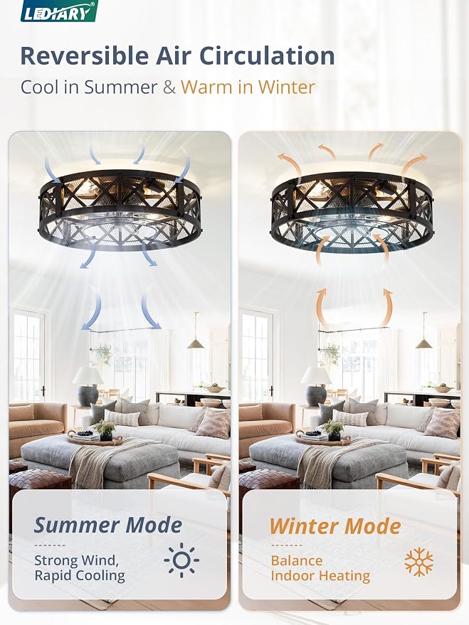 LEDIARY 20" Caged Farmhouse Ceiling Fan with Light, Flush Mount, Black | Remote&APP Control, Small Low Profile, Rustic Fandaliers, Industrial Bladeless Enclosed, Powerful Motor for Bedroom, Kitchen